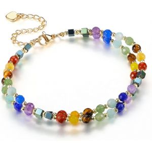 4mm Bracelet Chakra Perles Fine Pierre Naturelle 7 Chakra Reiki Bracelet Réglable 14k Or Doré Bijoux Bracelet Femme Fille - Neuf