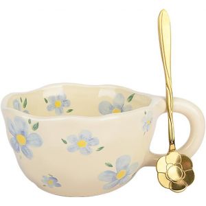Eryi-Tasse Céramique Fleur, Cadeau Femme Original Utile, Tasse À Café, Tasse The Kawaii, Cute Mug Avec Cuillère, Tasses Esthétiques Créative, Cadeau Mamie, Anniversaire Femme, Noel (Bleu) - Neuf