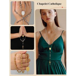 Tianyi-Collier Chapelet Catholique En Acier Inoxydable Pour Femme Homme, Chaîne De Rosaire 66cm Avec Médaille De Vierge Marie Et Pendentif Crucifix, Cadeau Bijou Pour Communion Et Baptême - Neuf
