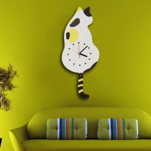 HJLIAN Horloge murale decorative en forme de chat Bergeronnette printaniere avec mouvement silencieux (jaune) - Neuf