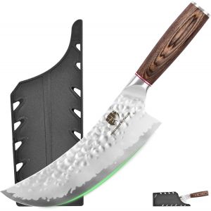 Jexnovashop-Couteau De Cuisine À Lame Martelée Avec Garde, Couteaux De Chef Anti-Adhésifs, Couteau Japonais À Manche En Bois Pakka, Couteaux De Cuisine En Acier Inoxydable Avec Étui (205mm) - Neuf