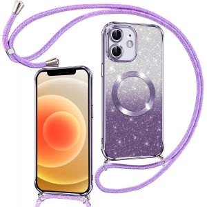 TRAHOO-Couqe Magn&eacute;tique pour iPhone 12 Con Cordon, Compatible avec MagSafe, Brillant Glitter Paillet&eacute; Antichoc Durable R&eacute;sistante Etui Housse pour iPhone 12 Anti-Poussi&egrave;re Soft Bumper, Violet - Neuf