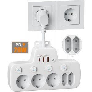PD20W Multiprise avec USB,Prise Multiple avec Interrupteur Individuel,Multiprise Electrique Murale 5 Prises PD20W et QC18W Charge Rapide Prise USB Secteur Multiple Parafoudre Bureau Cuisine,Blanc - Neuf
