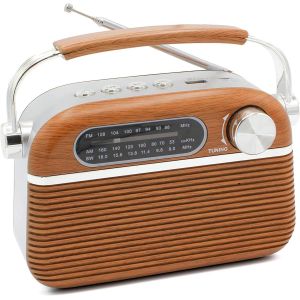 DTUB-- Radio Vintage Design Rétro Usb / Mp3 / Lecteur Micro Sd - Portable - Antenne Rétractable - Fonctionne Sur Pile Et Secteur - 20 Cm X 12 Cm - Motif Bois Et Inox - Neuf
