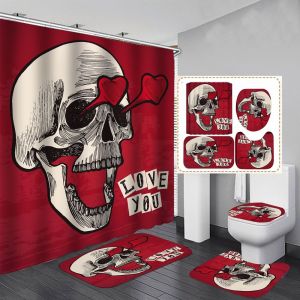 Halloween Rideau de Douche Set de Forme de Coeur d'Halloween salle de Bains D&eacute;corations 180 x 180 cm - Rideau de Douche avec des Tapis, des Toilettes d'un Couvercle, Tapis de Bain - Halloween D&eacute;cor de salle de Bains - Neuf