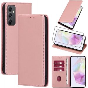 Kal-Coque Cuir Pour Samsung Galaxy A35 5g 6.6"" Avec 1 Verre Trempé Etui À Rabat En Pu Porte-Cartes Portefeuille Support Flip Housse Magnétique Antichoc Anti-Rayures Case,Rose_Gold - Neuf