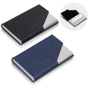 Lot de 2 porte-cartes de visite professionnels fins en similicuir et acier inoxydable pour voyages et affaires, noir et bleu - Neuf