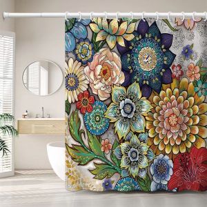 Rideau de douche 180 x 200 cm avec 12 crochets, s&eacute;chage rapide (fleurs), tissu polyester imperm&eacute;able, lavable en machine, rideaux de salle de bain - Neuf