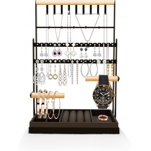 Kal-Présentoir À Bijoux,Porte Bijoux Femme Pour Colliers,Presentoir Collier Avec Plateau Pour Boucles D'oreilles,Porte Bijoux Femme Pour Colliers, Bracelets, Boucles D`Oreilles, Pinces, Bagues(Noir) - Neuf