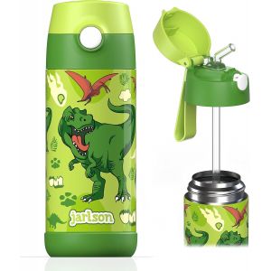 Kalanka-- Gourde Enfant Inox - Bouteille Isotherme Enfant 350 Ml - Gourdes Sans Bpa - Avec De La Paille - Pour L'&eacute;cole, Les Sports Et La Maternelle (Dinosaure, 350 Ml) - Neuf