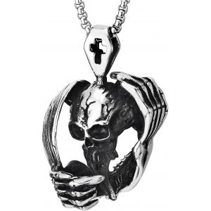 Trahoo-Vintage Squelette Main Envelopper Tout Autour Crâne Pendentif - Acier Homme Collier - Punk Rock - 75cm Chaîne De Blé - Neuf