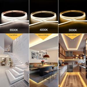 Ruban Led Cob 5m,Dc12v 8mm Bande Led Chambre Blanc Chaud 3000k,320led/M Cri90+ Flexible Lumiere Led Gaming Adh&eacute;sif Rubans &Agrave; Led Pour Tv,Cuisine,Maison D&eacute;cor Int&eacute;rieure,Diy(Seule Bandeau) - Neuf