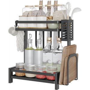 Sjzg-&Eacute;tag&egrave;re &Agrave; &Eacute;pices Debout Pour Cuisine, Organisateur D'&eacute;pices Pour Plan De Travail, Support &Agrave; &Eacute;pices &Agrave; 2 &Eacute;tages Avec Porte-Ustensiles, Porte-Couteaux Et Crochets, Noir - Neuf