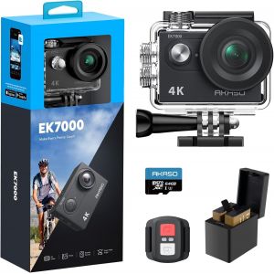 Mevronisshop-Ek7000 Cam&eacute;ra Sport 4k 30fps 20mp Wifi Avec Carte M&eacute;moire Microsdxc 64 Go, Action Camera 4k &Eacute;tanche Jusqu'&agrave; 30m Avec Stabilisation Grand Angle De 170&deg; T&eacute;l&eacute;commande 2.4g - Neuf