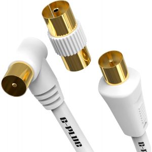 Câble d`Antenne TV 10m Angle Droit - Câble Coaxial Mâle-Mâle avec Adaptateur - Connecteurs RF Plaqués Or - Compatible Satellite, TNT, Décodeur, Sky Box - Neuf