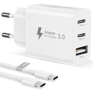 TRAHOO-Chargeur USB C Rapide 30W avec Cable USBC 3M pour iPhone 17Air 16E/16 15 Pro Max/16 15 Plus/iPad Air Mini, 3 Port Prise Multiple Prise USBC Chargeur Type C Charge Rapide Adaptateur Secteur USB - Neuf