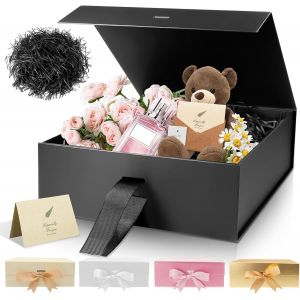 TRAHOO-Bo&icirc;te Cadeau Noire, 22 x 16,5 x 8 cm Bo&icirc;te Cadeau Magn&eacute;tique de Luxe Avec Ruban, Papier et Carte de V?ux Pour Mariage, Anniversaire et F&ecirc;te des M&egrave;res - Neuf