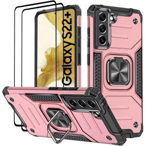 Kal-Coque Pour Samsung Galaxy S22 Plus / S22+, Verre Trempé [2 Pièces] + Housse Tpu Silicone Rotation 360° Aimant Anneau Support Double Défense Protection Etui - Or Rose - Neuf