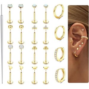 Kal-Pcs Boucles D'oreilles Avec Dos Plat Bijoux De Piercing Tragus En Argent/Or En Acier Chirurgical Boucles D'oreilles Cartilage Pour Femmes Bijoux De Piercing Pour L&egrave;vres Et Nez Sans Fil - Neuf