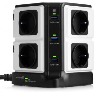 Tour Multiprise Parasurtenseur Parafoudre avec 8 Prises EU et 6 Ports USB 2,4A,Interrupteur,Adaptateur Douille,Clapet S&eacute;curitaire,1600J Protection Surtensions,Clapet S&eacute;curis&eacute;,3600W/16A - Neuf