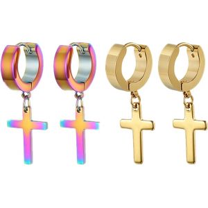 Kal-Acier Inoxydable Clou D'oreille Boucle D'oreille Clou D'oreille Argent Noir Doré Ronde Croix Pendentif Rétro Homme Femme - Neuf
