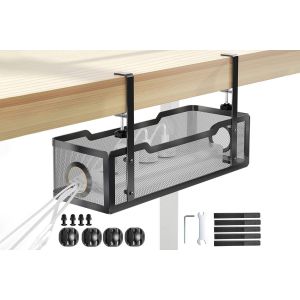 Goulotte de gestion des c&acirc;bles sous bureau avec fixation par pince - Noire, installation sans per&ccedil;age, en fer - Neuf