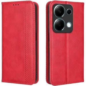 KAL-Coque Pour Redmi Note 13 Pro 4G / Poco M6 Pro 4G (6.67"" Inches), Etui Flip Folio En Cuir Pu Avec Interrupteur Magn&eacute;tique, [3 Fentes Pour Cartes] [1 Portefeuille] Housse - Rouge - Neuf