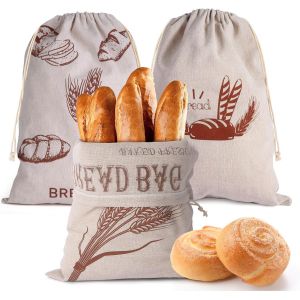 Letnerny-Lot De 3 Sacs À Pain En Lin Pour Pain Fait Maison, 40 X 30 Cm, Sacs À Pain Réutilisables Pour Garder Le Pain Frais, Sacs De Rangement Avec Cordon De Serrage - Neuf