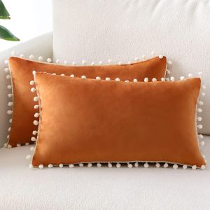 (30x50 cm, Orange) Ensemble de 2 en Velours Doux Decoratifs, Housses de Coussin avec des Pompons Decoration de la Maison Taies d'oreiller housse de Coussin pour Canape-Lit President de Chambre a coucher Salle de Sejour - Neuf