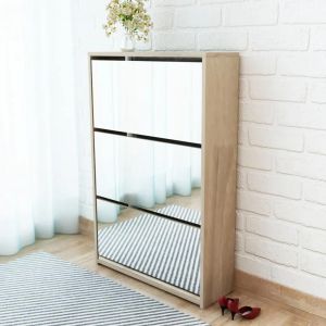 Meuble A Chaussures 3 Etageres Miroir 63x17x102,5 Cm Chene - Neuf