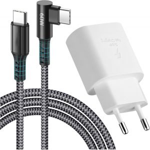 USB C Charger 25W - USB C Power Adapter Fast Charger PD3.0 for Samsung Galaxy S22/S21 Ultra/S21+/Z Flip 3/2/A53 5G/S20/Note10/20 Ultra/S10, 2M USB-C Right Angle to USB -C Nylon Cable - Neuf