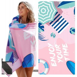 Kal-Serviette De Plage Avec &Eacute;tiquettes Uv, Tapis De Plage, Mat&eacute;riau En Microfibre, Sans Sable, Taille Adapt&eacute;e (160 &times; 80 Cm), S&eacute;chage Rapide, Conception En Corde &Eacute;lastique, Sac De Rangement, Rose - Neuf