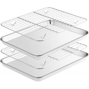 Plaque de Cuisson avec Grille de Refroidissement[2 Plaques + 2 Racks],en Acier Inoxydable avec Grille,non Toxique et R&eacute;sistant et Facile &agrave; Nettoyer Passe au Lave-Vaisselle(23,5x17,5x2,5cm&iquest; - Neuf