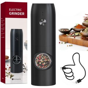 Moulin à Poivre Électrique Moulin à Épices Rechargeable avec Lumière LED Blanche, Capacité de 70ml et Grosseur Réglable, Noir - Neuf