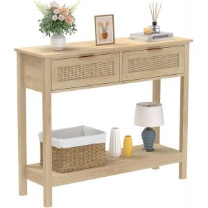 Ulteronixshop-Table console Boho en rotin avec 2 tiroirs, table d'entr&eacute;e &agrave; 2 &eacute;tages, table de salon de style ferme, table de canap&eacute; en bois avec &eacute;tag&egrave;re de stockage ouverte pour salon, couloir, hall - Neuf