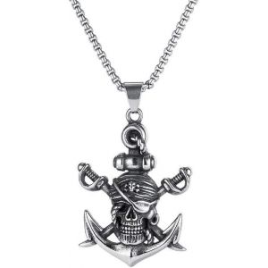 Kal-Pendentif Ancre Crâne Pirate, Collier D'ancre Crâne Gothique Pour Hommes, Collier Crâne D'épée Croisée Bijoux Crâne D'ancre Nautique, Collier Crâne D'épée Pirate Collier Crâne Pirate Pour Garçons - Neuf