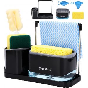 KAL-Distributeur Liquide Vaisselle Noir, Distributeur De Savon Liquide Avec Porte-Éponge 4 En 1 Pour Évier De Cuisine Bains - Neuf