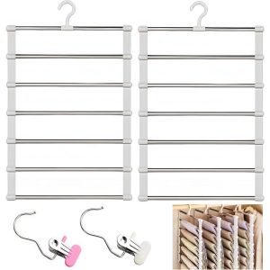 MEVRONISSHOP-Cintre pantalon gain de place,2 pi&egrave;ces de 6 &eacute;tages de cintres en acier inoxydable pour pantalons avec 2 pinces &agrave; linge,&eacute;conomise jusqu'&agrave; 80% d'espace dans l'armoire,pour pantalons,jupes, - Neuf