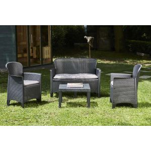 Ulteronixshop-Set Salon D'ext&eacute;rieur Ostuni, Salon De Jardin Compos&eacute; De 2 Fauteuils, 1 Canap&eacute; Et 1 Table Basse, Coin Salon Effet Rotin Avec Coussins, 100% Made In Italy, Anthracite - Neuf
