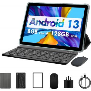 CHECARZHN--NO1-Tablette 10 Pouces Android 13, 8Gb(4+4), 128Gb, Extensible 1Tb, 8000 Mah, Wifi Tablet, Qcta Core Processor, Wifi 6, Tablet Pc Avec Clavier, Souris, Étui, Vert Bleuté - Neuf