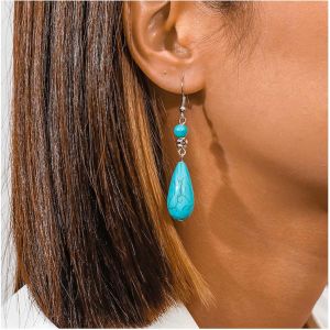 Kal-Boucles D'oreilles Bohème Turquoise Boucles D'oreilles Turquoise En Goutte D'eau Boucles D'oreilles Pendantes Turquoise Boucles D'oreilles Pierres Naturelles Bleues Bijoux Pour Femmes Et - Neuf