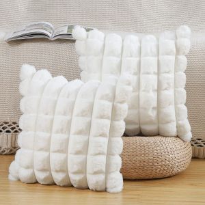 Cauc-Lot De 2 &Agrave; Carreaux Housses De Coussin En Peluche En Fausse Fourrure Housse De Coussin D&eacute;corative Douce Moelleuses Pour Coussin De Chambre &Agrave; Coucher De Canap&eacute; Blanc Cr&egrave;me 55x55 Cm - Neuf