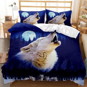 Parure De Lit D Avec Housse De Couette Et Taie D'oreiller Motif Loup Des Neiges De La Jungle Et De La Lune Pour Lit Double, Queen, King, Pi¨¨Ces - Neuf
