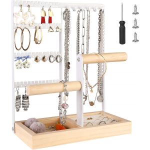 Présentoir À Bijoux Porte-Chaîne En Metal Et Bois Durable,4 Niveaux, Avec Plateau Et Crochets,Rangement Pour Bagues, Boucles D'Oreilles,Bracelets, Montres Et Accessoires - Neuf