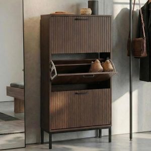 Meuble &agrave; chaussures basculant HWC-P48, &eacute;tag&egrave;re &agrave; chaussures, armoire &agrave; chaussures, 3 compartiments basculants, tablette en MDF m&eacute;lamin&eacute; 125x60x25cmaspect noyer - Neuf