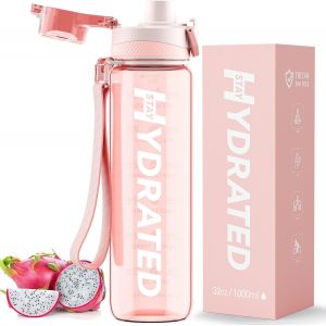 Gourde 1l, Tritan Gourde Sport Motivation Sans Bpa, Transparente Avec Gradu&eacute;e, Anti Fuite, Bouteille 1 Litre Pour Camping, Randonn&eacute;e, Yoga, Femme, Homme (Rose Premier Amour) - Neuf
