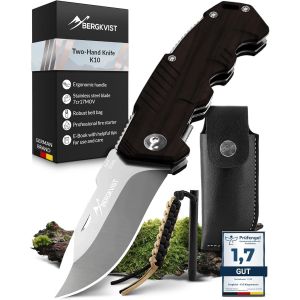 K10 Couteau Pliant (Couteau À Deux Mains)-Couteau De Poche Pour Le Camping,La Chasse Ou La Survie-Avec Bâton De Feu Et Étui De Ceinture-Manche En Bois D'ébené - Neuf