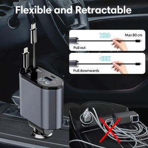 4 En 1 Allume Cigare Usb C,Retractable Chargeur Voiture 66w,Chargeur Allume Cigare Rapide Adaptateur,Chargeurs Telephone Portable Automobile Compatible Avec Iphone16 15/Samsung Galaxy/Ipad - Neuf