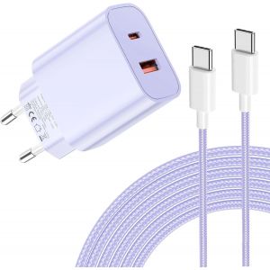 Chargeur 20W pour iPhone 17- Chargement Ultra Rapide &agrave; Deux USB Ports avec C&acirc;ble USB C 2M pour iPhone 17/16/15, pour Samsung, pour Pad, Pixeli etc-Violet - Neuf