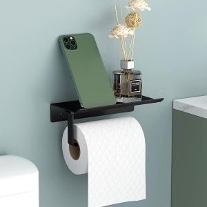 Porte-Papier Toilette Support Mural en Aluminium (Perforé/Non perforé) Porte-Rouleau avec étagères Spacieuses,Support Mural pour Papier Toilette pour Toilettes et Cuisines¿Noir¿ - Neuf